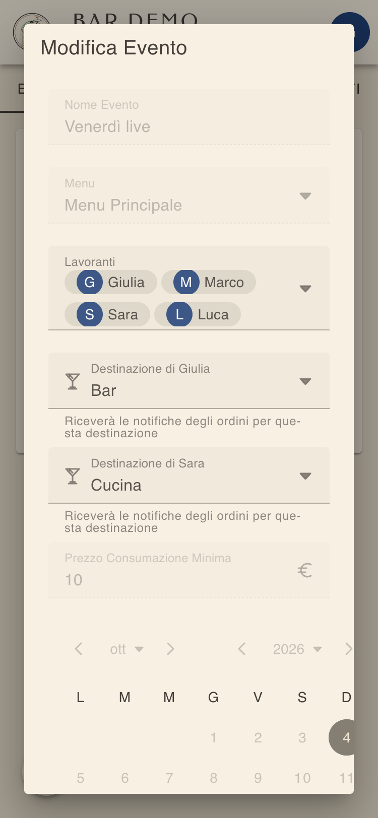Finestra dell'evento con lavoranti e destinazioni