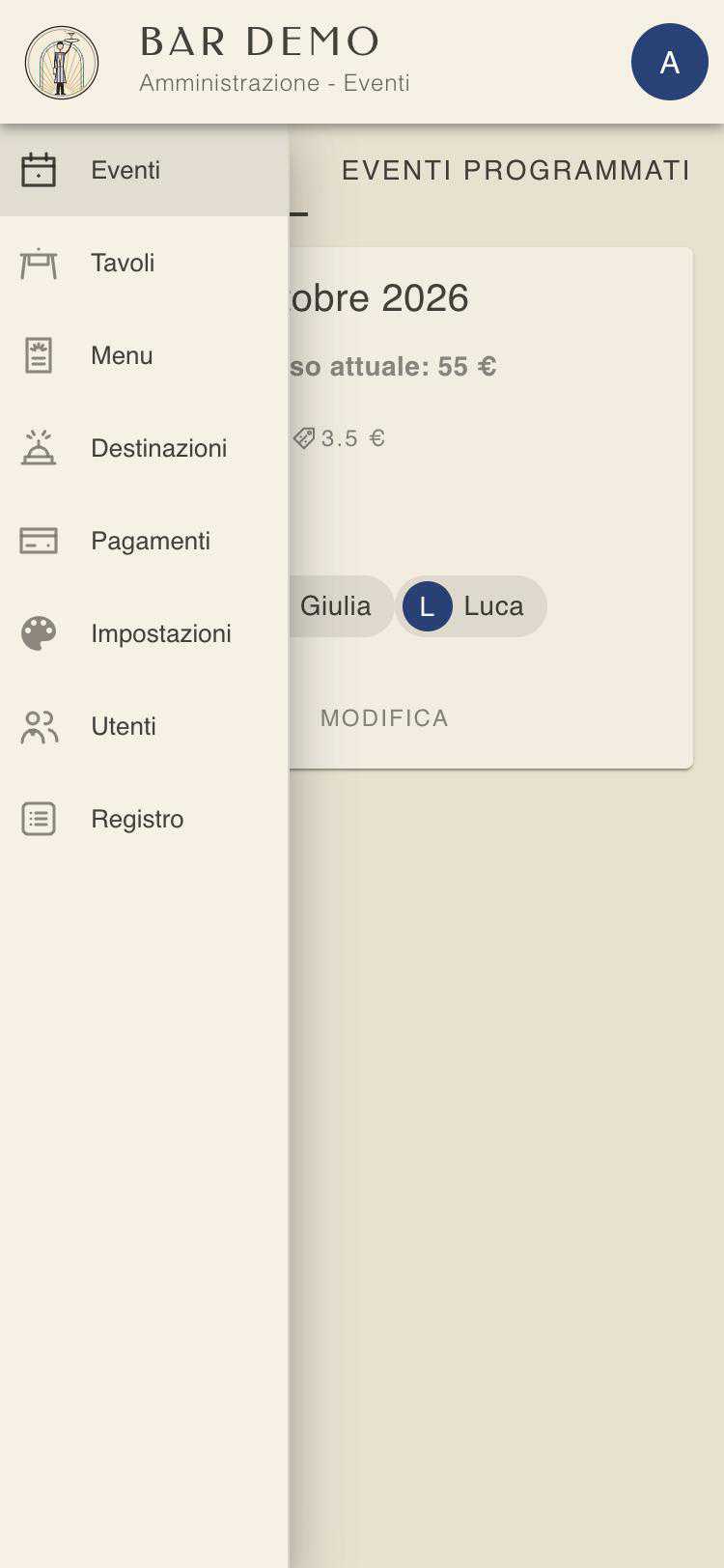 Menu dell'amministrazione