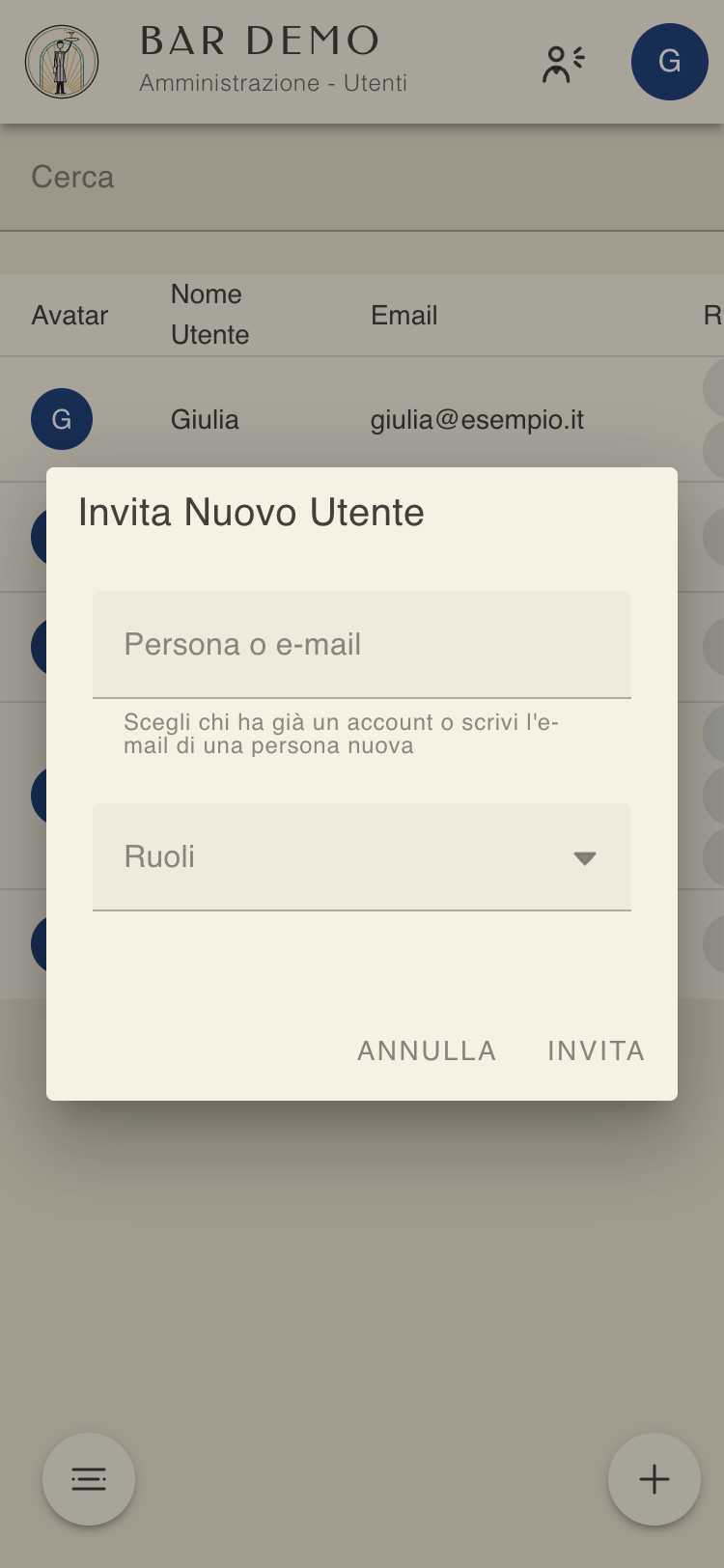 Finestra Invita Nuovo Utente