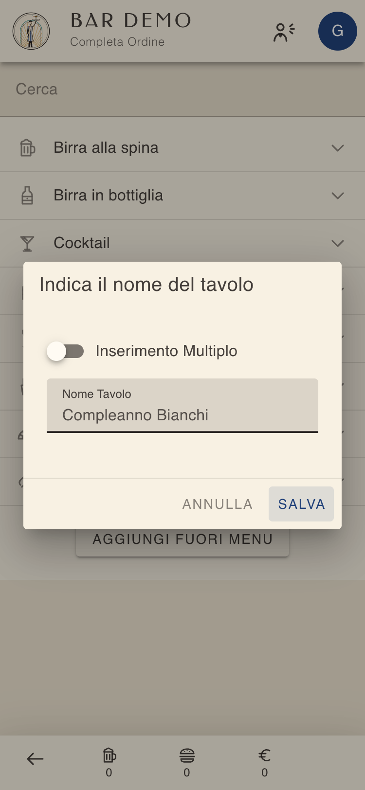 Finestra per il nome del tavolo extra