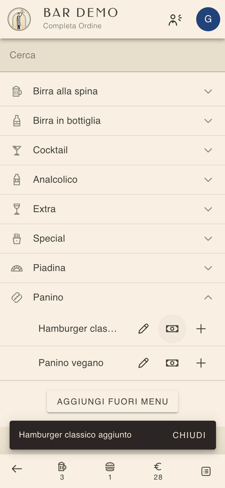 Menu con i pulsanti matita e più