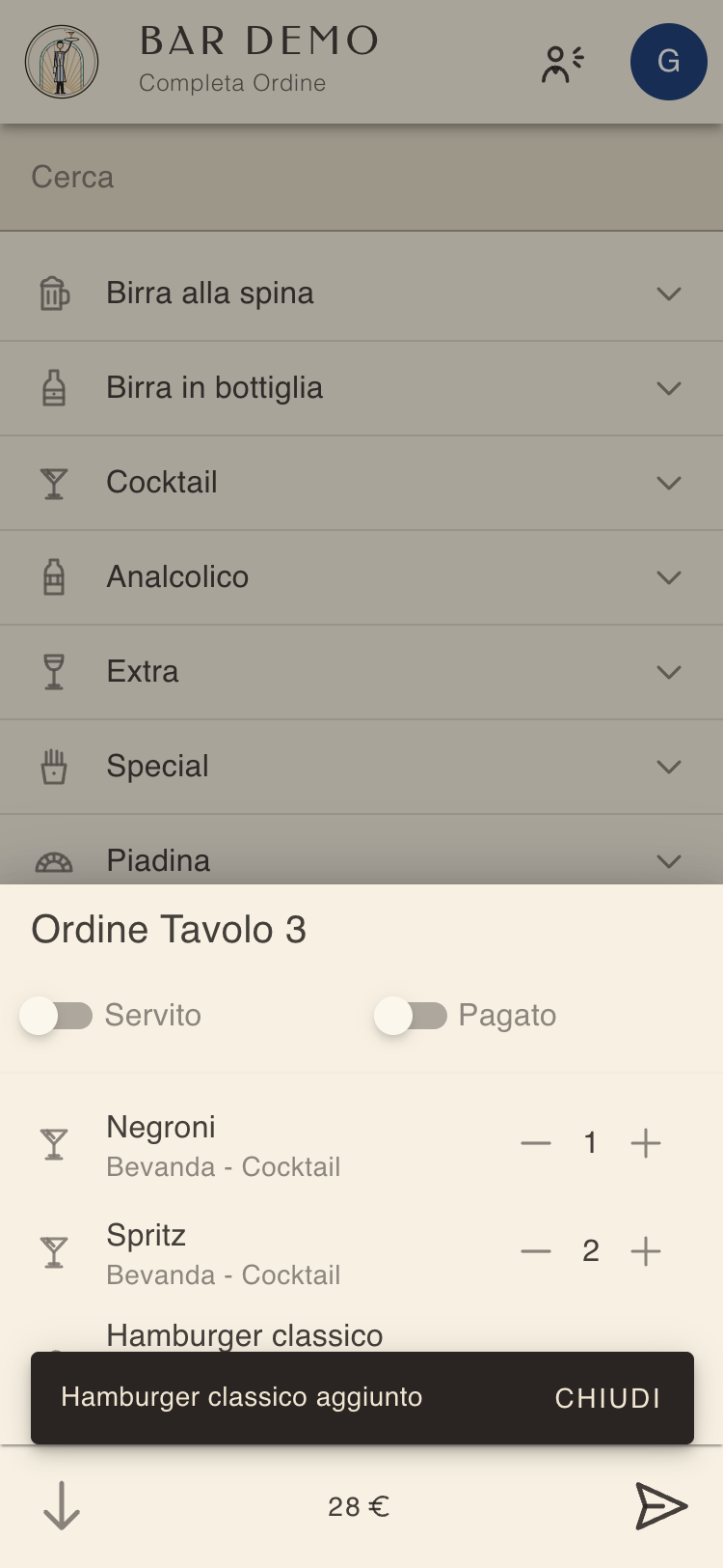 Riepilogo dell'ordine con Servito e Pagato