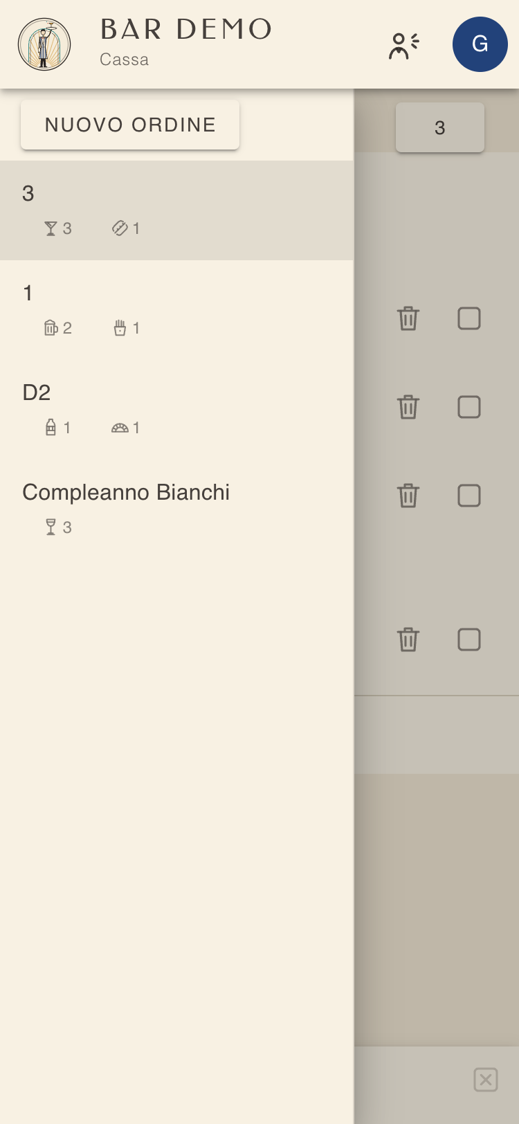 Lista dei tavoli in cassa