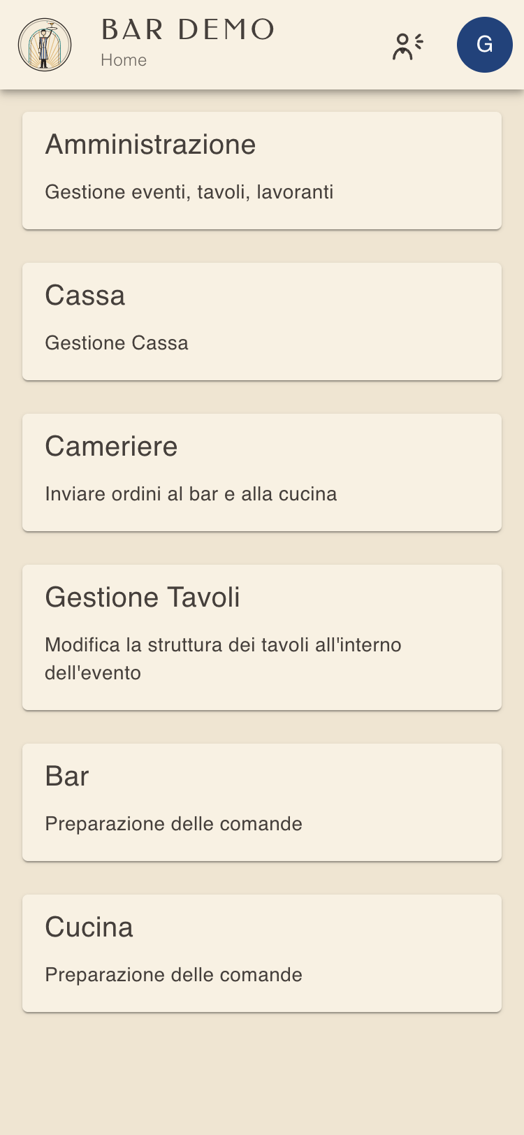 Schermata iniziale con le schede dei ruoli