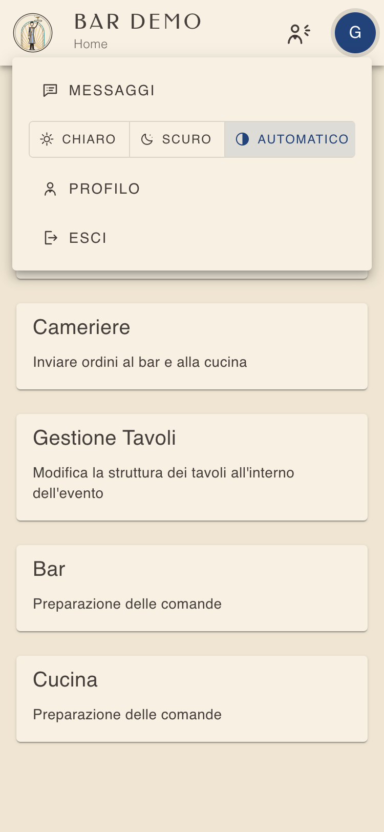 Menu che si apre toccando l'avatar
